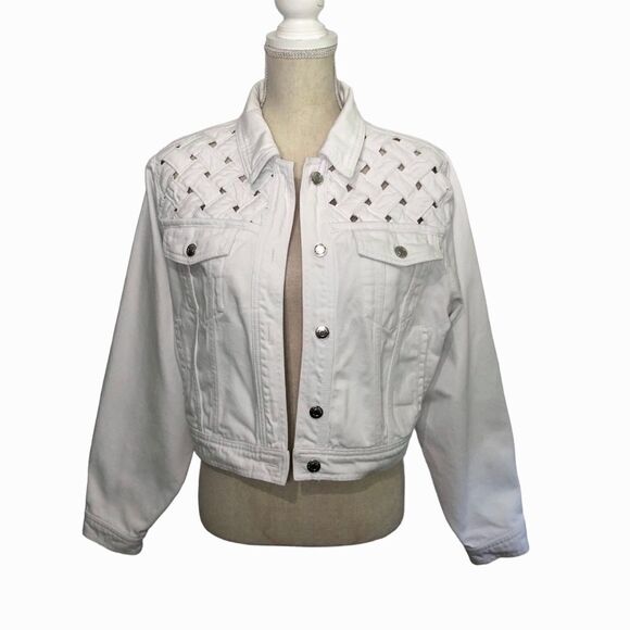 IRO Ubaldo Cropped Jean Jacket White Braided Detail US Size 6 - Picture 5 of 10